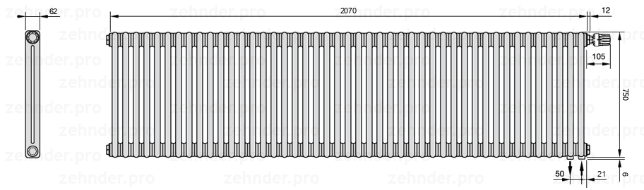 Схема (чертеж) Радиатор Zehnder Charleston 2075/45 №V002 Белый глянцевый RAL 9016
